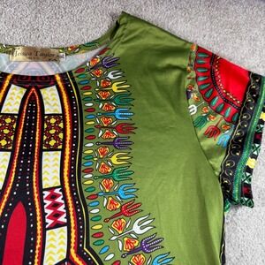 Jessica Taylor NYC Womens XL Dashiki Print Tunic Dress Green Red Tribal Boho XL